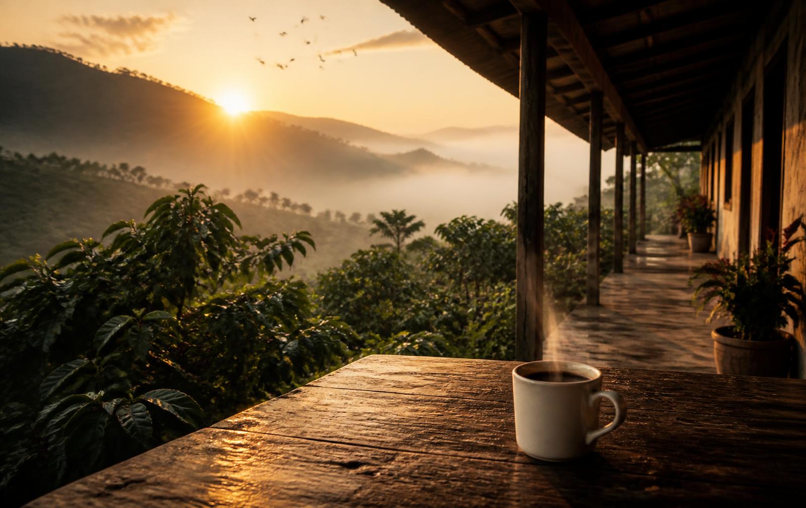 Amanecer en un corredor de finca cafetera de Risaralda con una taza de café